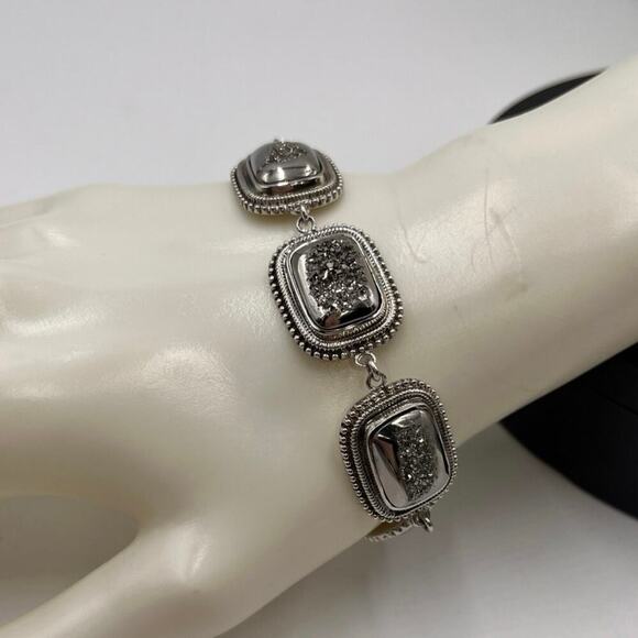 Sterling Silver INDIA PJC Black Druzy Quartz Braided Link Chain Bracelet - Picture 1 of 10